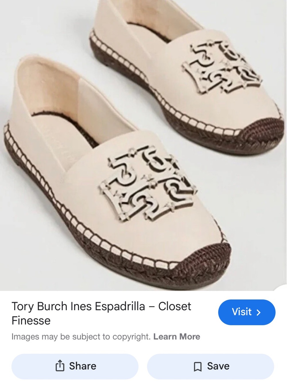 Tory Burch Cream Espadrille Loafer with Brown Trim